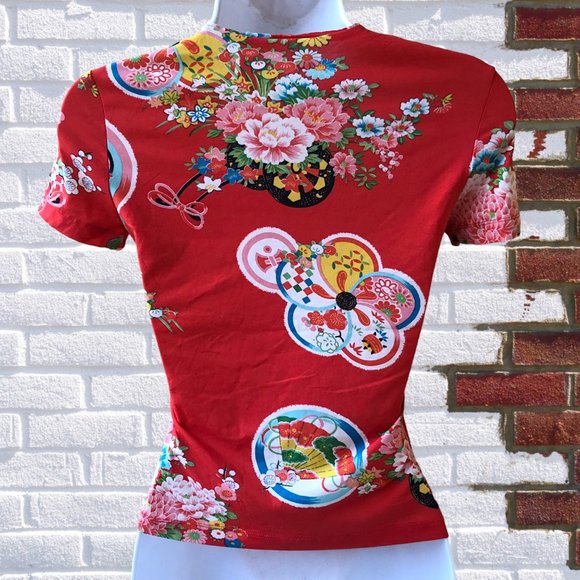 Vintage Floral Orange Short Sleeve Top Made in France Womens 31 Stretch … - Picture 5 of 10